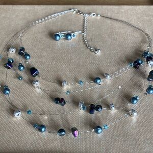 Avon Illusion Wire Floating Bead Necklace Set Iridescent Glass Layered 16” NIB